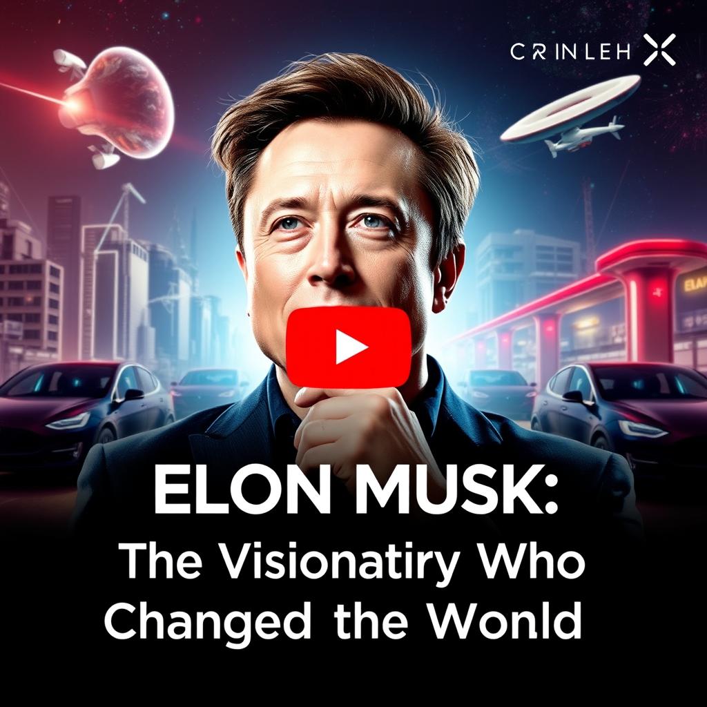 A YouTube thumbnail featuring a dynamic and captivating portrait of Elon Musk, characterized as a visionary who changed the world