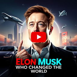 A YouTube thumbnail featuring a dynamic and captivating portrait of Elon Musk, characterized as a visionary who changed the world