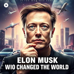 A YouTube thumbnail featuring a dynamic and captivating portrait of Elon Musk, characterized as a visionary who changed the world