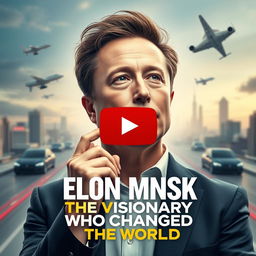 A YouTube thumbnail featuring a dynamic and captivating portrait of Elon Musk, characterized as a visionary who changed the world