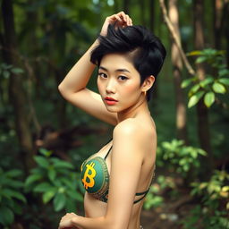 A beautiful 18-year-old Japanese woman with captivating features, styled with Quiff Pixie hair