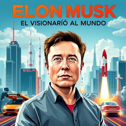 Elon Musk standing in a futuristic city skyline with electric vehicles and rockets, symbolizing innovation and technology, Spanish title 'Elon Musk: El Visionario que Cambió al Mundo' at the top in bold letters