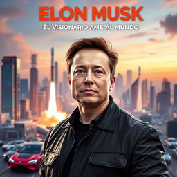 Elon Musk standing in a futuristic city skyline with electric vehicles and rockets, symbolizing innovation and technology, Spanish title 'Elon Musk: El Visionario que Cambió al Mundo' at the top in bold letters