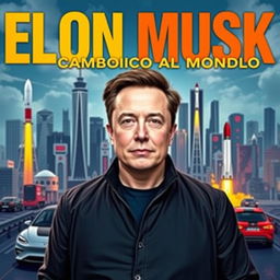 Elon Musk standing in a futuristic city skyline with electric vehicles and rockets, symbolizing innovation and technology, Spanish title 'Elon Musk: El Visionario que Cambió al Mundo' at the top in bold letters