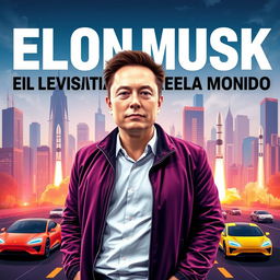 Elon Musk standing in a futuristic city skyline with electric vehicles and rockets, symbolizing innovation and technology, Spanish title 'Elon Musk: El Visionario que Cambió al Mundo' at the top in bold letters