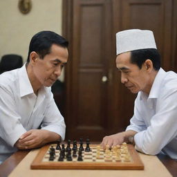 A cerebral scene with Joko Widodo and Rocky Gerung deeply engrossed in a game of Chess against a scholarly backdrop.