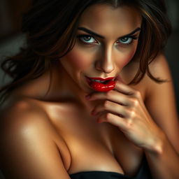 A seductive woman with captivating eyes biting her lip in a playful and alluring manner, highlighting her sensuality and confidence