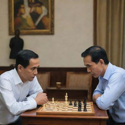 A cerebral scene with Joko Widodo and Rocky Gerung deeply engrossed in a game of Chess against a scholarly backdrop.