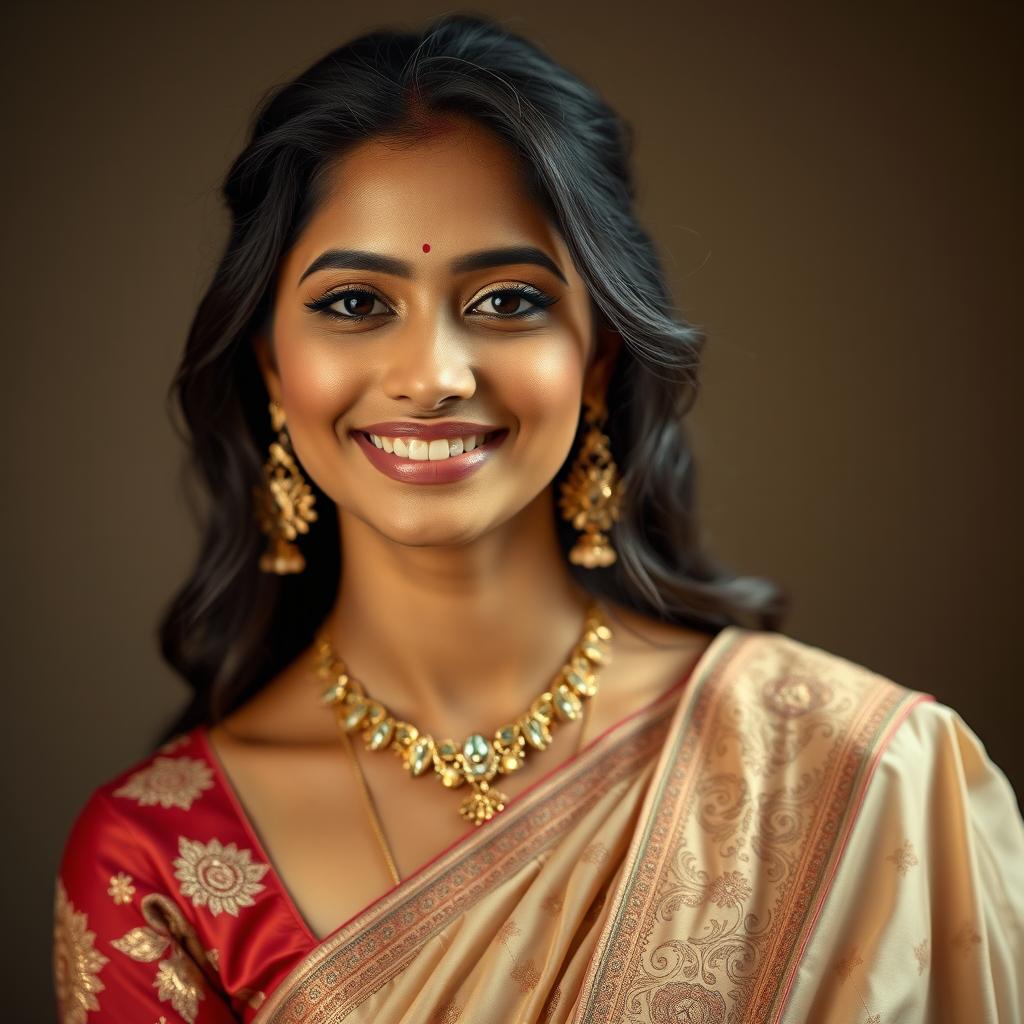 A tasteful and artistic depiction of a beautiful Indian woman with elegant features and flowing, intricate traditional attire, focusing on her radiant smile and expressive eyes