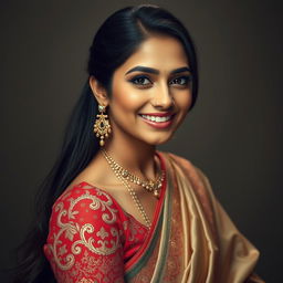 A tasteful and artistic depiction of a beautiful Indian woman with elegant features and flowing, intricate traditional attire, focusing on her radiant smile and expressive eyes