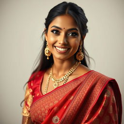 A tasteful and artistic depiction of a beautiful Indian woman with elegant features and flowing, intricate traditional attire, focusing on her radiant smile and expressive eyes