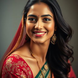 A tasteful and artistic depiction of a beautiful Indian woman with elegant features and flowing, intricate traditional attire, focusing on her radiant smile and expressive eyes