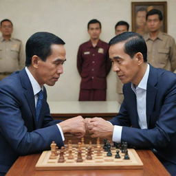 A cerebral scene with Joko Widodo and Rocky Gerung deeply engrossed in a game of Chess against a scholarly backdrop.