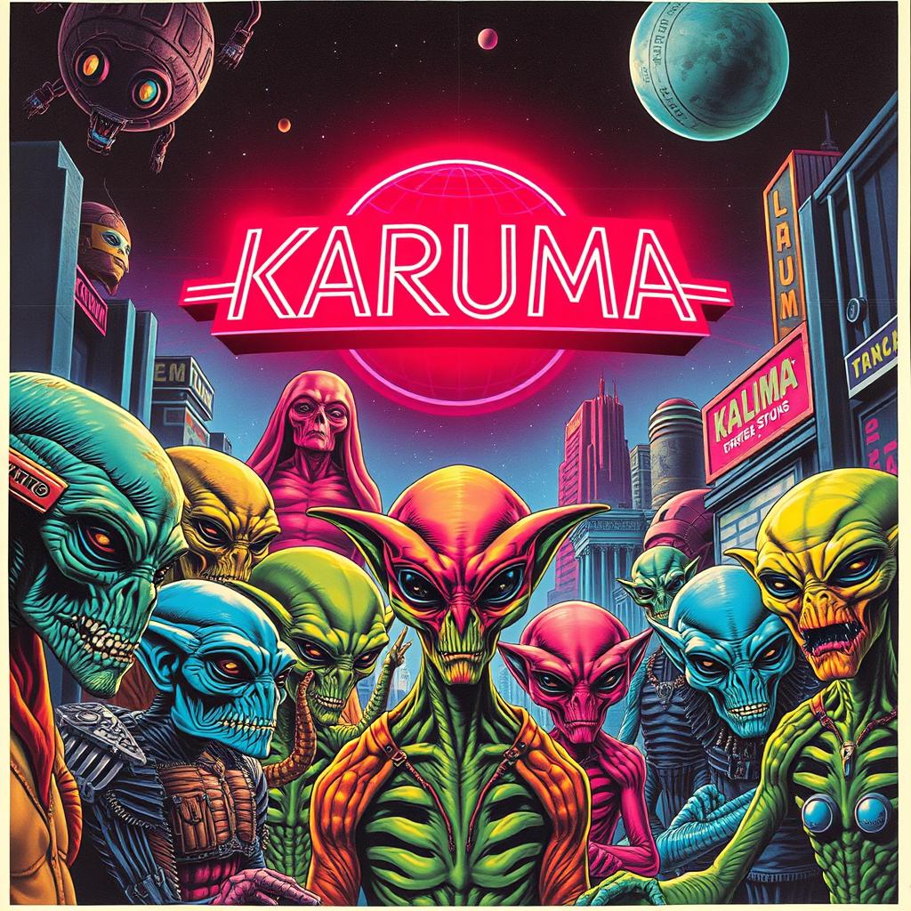 Retro sci-fi poster featuring an ensemble of vibrant aliens beneath a glowing neon sign that reads "KARUMA" in bold, stylized letters