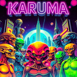 Retro sci-fi poster featuring an ensemble of vibrant aliens beneath a glowing neon sign that reads "KARUMA" in bold, stylized letters