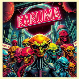 Retro sci-fi poster featuring an ensemble of vibrant aliens beneath a glowing neon sign that reads "KARUMA" in bold, stylized letters