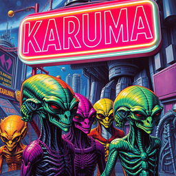 Retro sci-fi poster featuring an ensemble of vibrant aliens beneath a glowing neon sign that reads "KARUMA" in bold, stylized letters