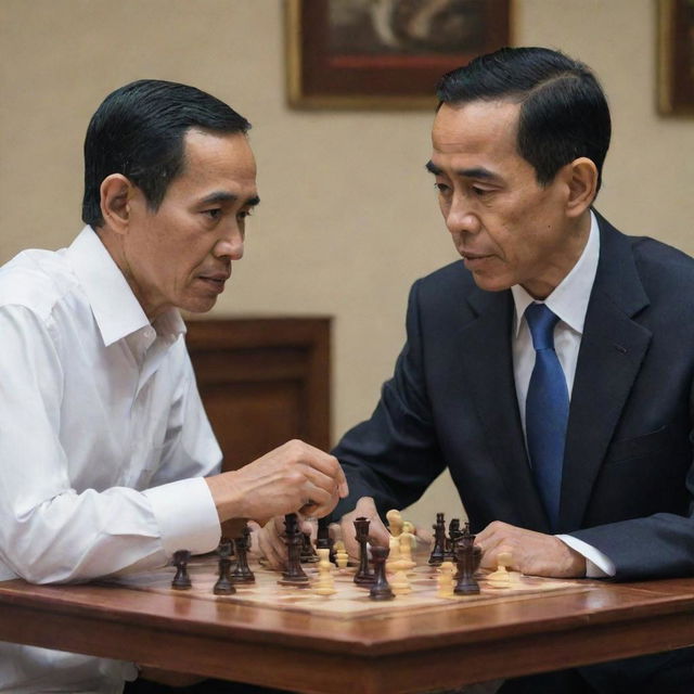 A cerebral scene with Joko Widodo and Rocky Gerung deeply engrossed in a game of Chess against a scholarly backdrop.