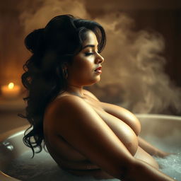 A sensuous and artistic portrayal of a voluptuous Indian woman in a steamy, luxurious bath setting