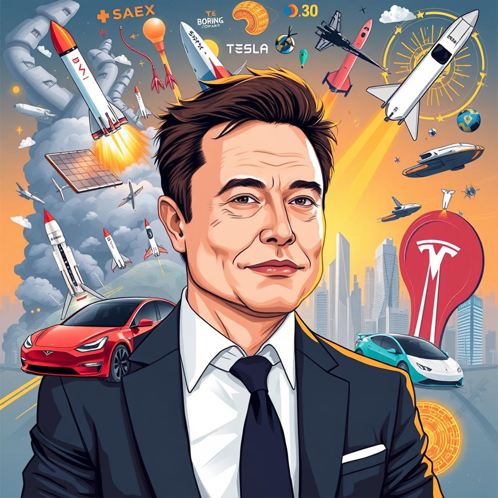 Illustration of Elon Musk surrounded by representations of his various companies and innovations, such as SpaceX rockets, a Tesla car, solar panels, futuristic tunnels from The Boring Company, and a Neuralink chip