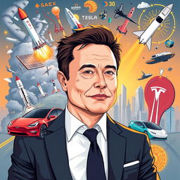 Illustration of Elon Musk surrounded by representations of his various companies and innovations, such as SpaceX rockets, a Tesla car, solar panels, futuristic tunnels from The Boring Company, and a Neuralink chip