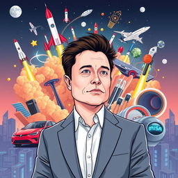 Illustration of Elon Musk surrounded by representations of his various companies and innovations, such as SpaceX rockets, a Tesla car, solar panels, futuristic tunnels from The Boring Company, and a Neuralink chip