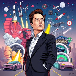 Illustration of Elon Musk surrounded by representations of his various companies and innovations, such as SpaceX rockets, a Tesla car, solar panels, futuristic tunnels from The Boring Company, and a Neuralink chip