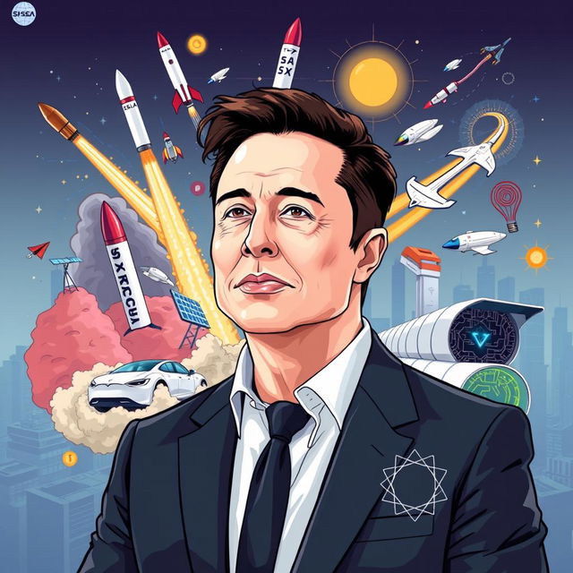 Illustration of Elon Musk surrounded by representations of his various companies and innovations, such as SpaceX rockets, a Tesla car, solar panels, futuristic tunnels from The Boring Company, and a Neuralink chip