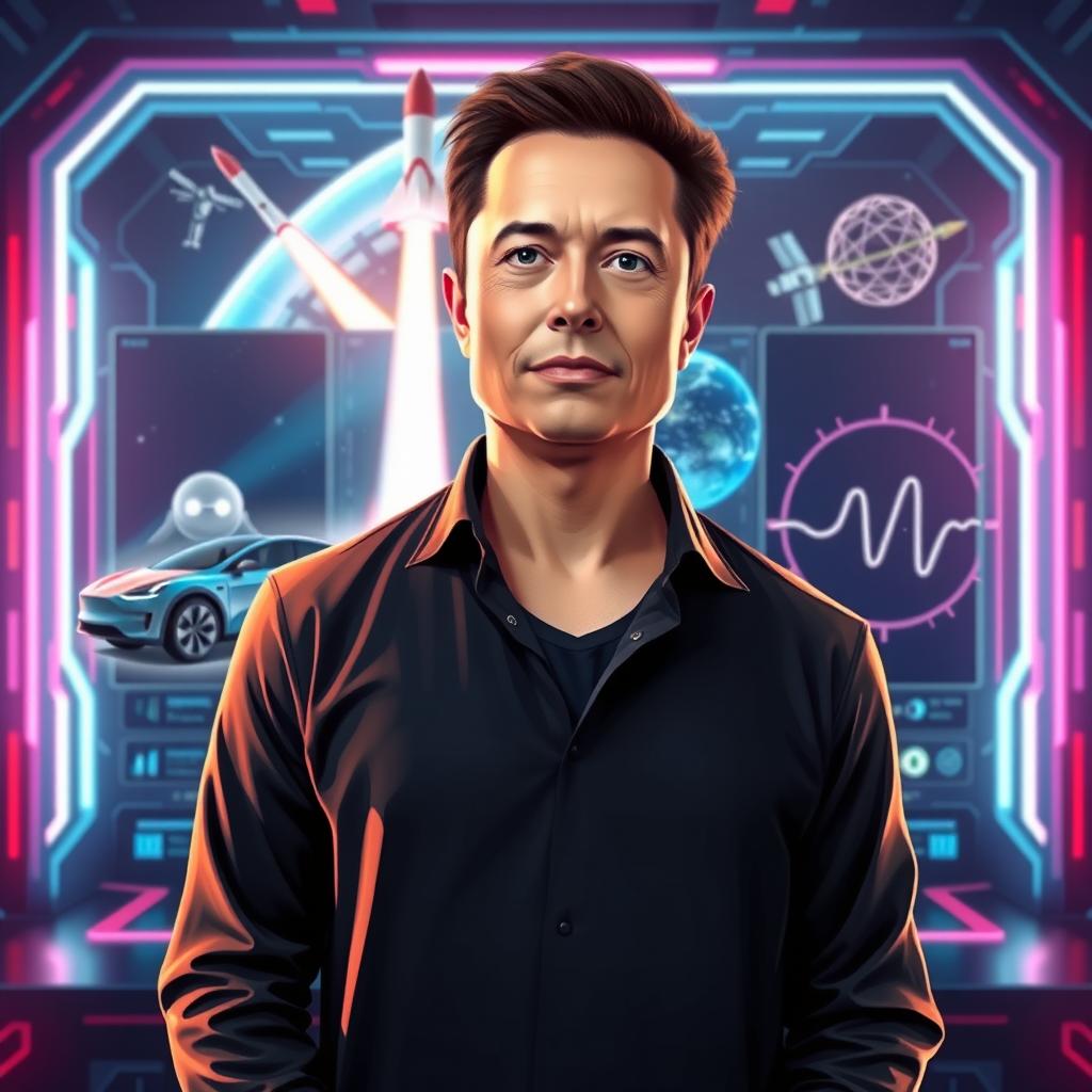 A realistic and captivating YouTube thumbnail featuring a digital illustration of Elon Musk standing confidently in the foreground