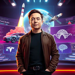 A realistic and captivating YouTube thumbnail featuring a digital illustration of Elon Musk standing confidently in the foreground