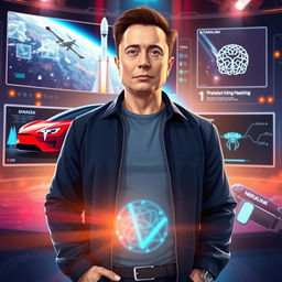 A realistic and captivating YouTube thumbnail featuring a digital illustration of Elon Musk standing confidently in the foreground