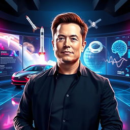 A realistic and captivating YouTube thumbnail featuring a digital illustration of Elon Musk standing confidently in the foreground