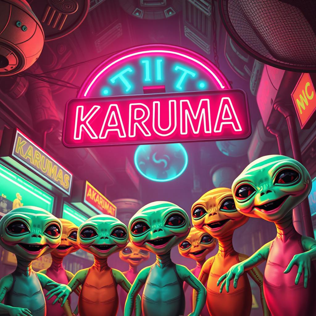 Retro sci-fi poster featuring cheerful aliens beneath a vibrant neon sign that reads "KARUMA" in bold, 80's style letters