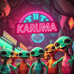 Retro sci-fi poster featuring cheerful aliens beneath a vibrant neon sign that reads "KARUMA" in bold, 80's style letters