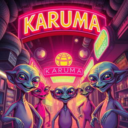 Retro sci-fi poster featuring cheerful aliens beneath a vibrant neon sign that reads "KARUMA" in bold, 80's style letters