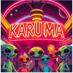 Retro sci-fi poster featuring cheerful aliens beneath a vibrant neon sign that reads "KARUMA" in bold, 80's style letters