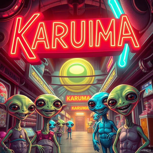 Retro sci-fi poster featuring cheerful aliens beneath a vibrant neon sign that reads "KARUMA" in bold, 80's style letters