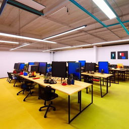 A lively makerspace in a rectangular hall, characterized by high productivity, featuring special comfortable seating zones, superbly cozy ambiance, and uniquely catchy furniture.