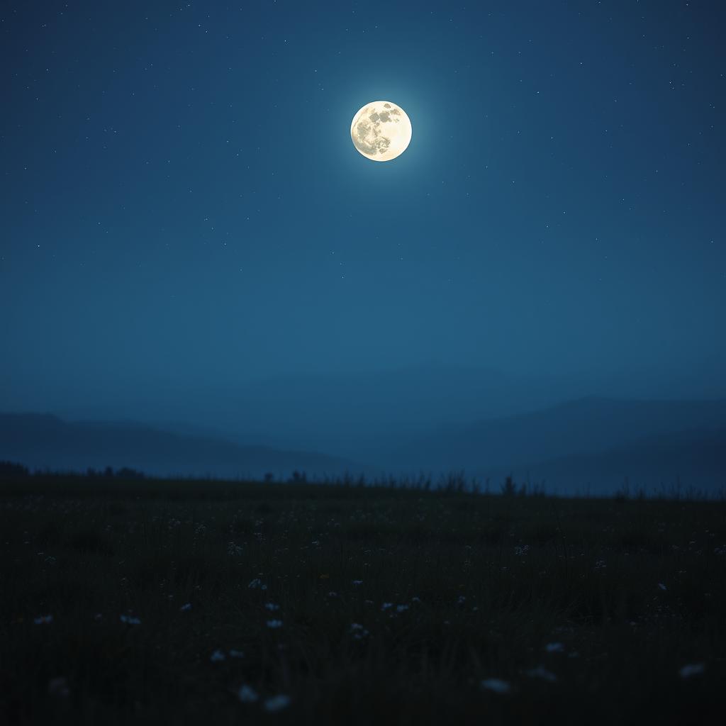 A landscape depicting a full moon appearing unusually small in the night sky, casting a gentle silvery glow over a serene meadow