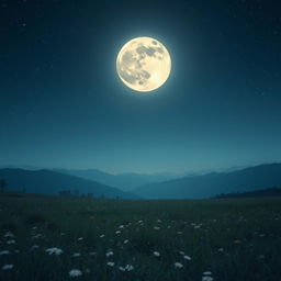 A landscape depicting a full moon appearing unusually small in the night sky, casting a gentle silvery glow over a serene meadow