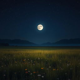 A landscape depicting a full moon appearing unusually small in the night sky, casting a gentle silvery glow over a serene meadow