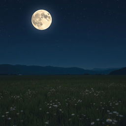 A landscape depicting a full moon appearing unusually small in the night sky, casting a gentle silvery glow over a serene meadow