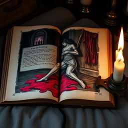 An open book displaying a vividly drawn page where a woman is depicted tied up, with a pool of blood underneath her