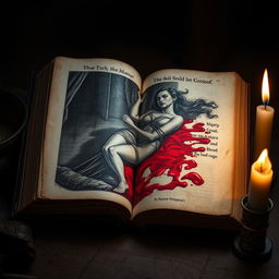 An open book displaying a vividly drawn page where a woman is depicted tied up, with a pool of blood underneath her