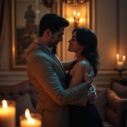 A sensual and romantic atmosphere, showcasing an elegantly dressed couple in an intimate embrace