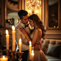 A sensual and romantic atmosphere, showcasing an elegantly dressed couple in an intimate embrace