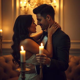 A sensual and romantic atmosphere, showcasing an elegantly dressed couple in an intimate embrace