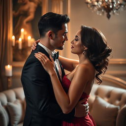 A sensual and romantic atmosphere, showcasing an elegantly dressed couple in an intimate embrace