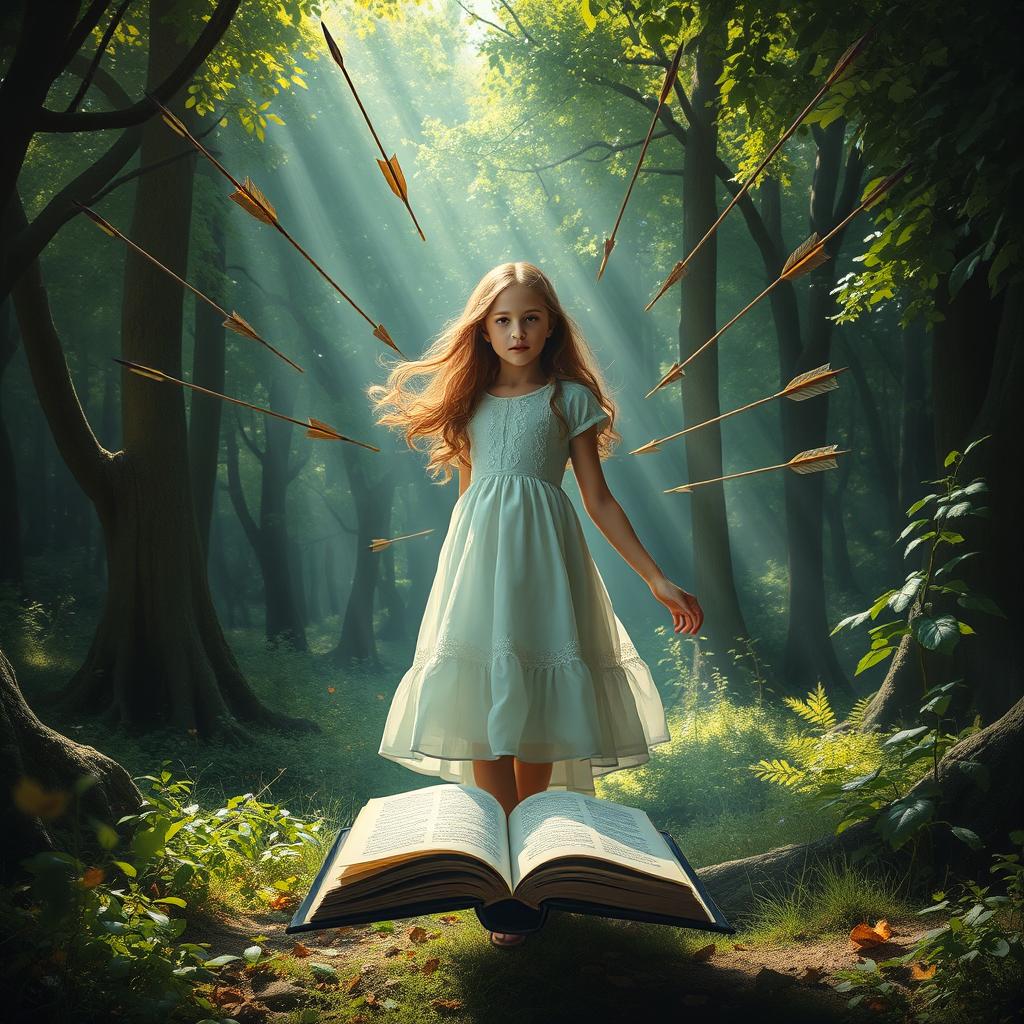 A beautiful girl standing gracefully in the middle of a mystical forest, with an open book floating beside her