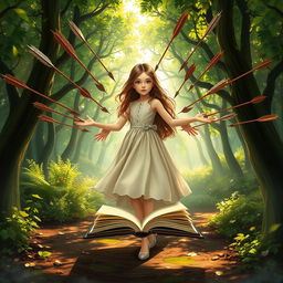 A beautiful girl standing gracefully in the middle of a mystical forest, with an open book floating beside her